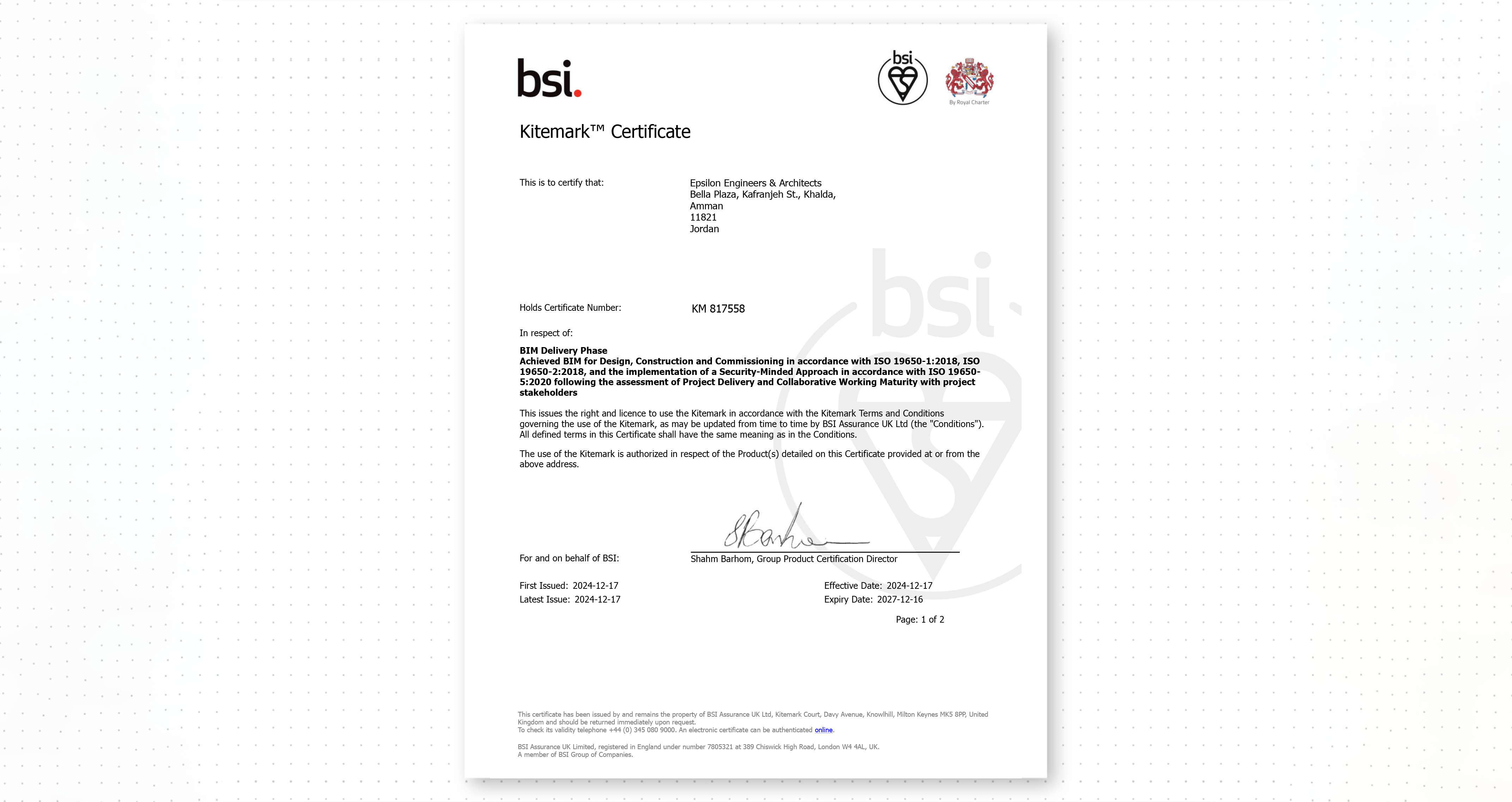 Epsilon Engineers & Architects has been awarded the prestigious BIM ISO Certification from BSI